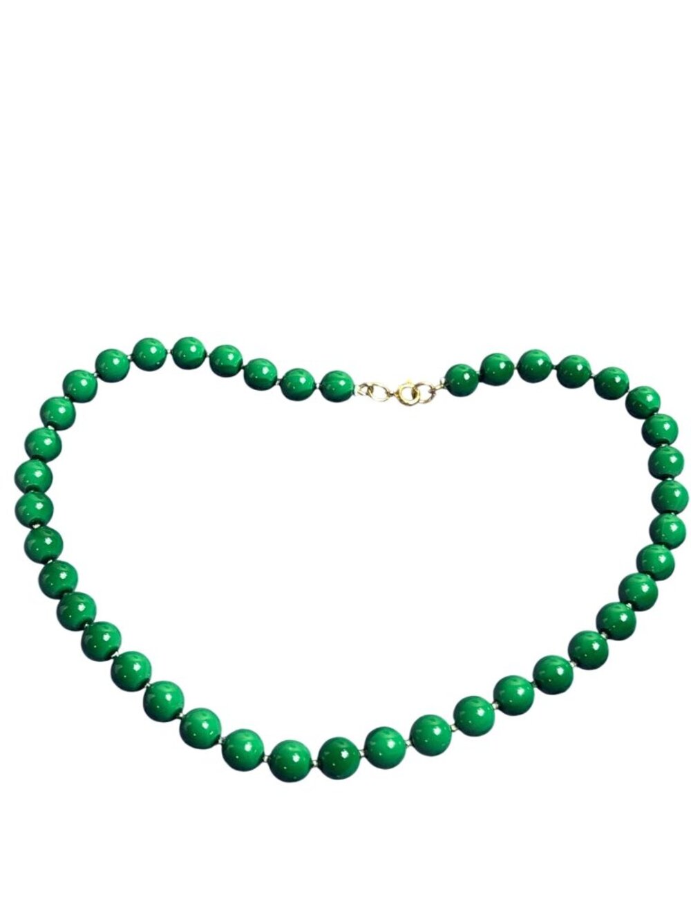 Vintage 80s Green Plastic Beaded Necklace Goldtone Spring Ring 15 inches Long